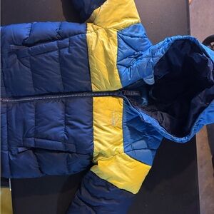 L.L. Bean Kids Blue and Yellow Hooded Puffer